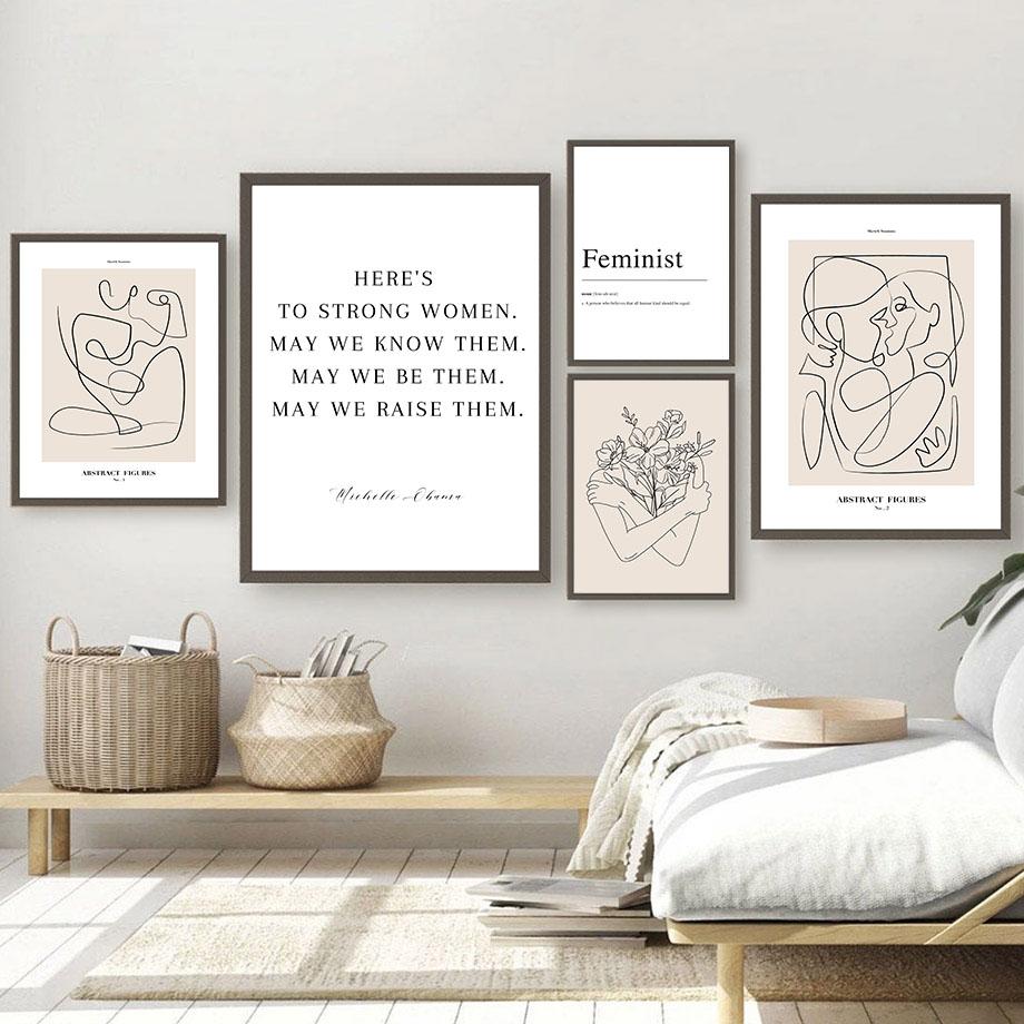 Абстрактные линии рисунка, женский цветок, минимализм, настенная живопись на холсте, постеры на скандинавскую тему и принты, картинки для декора гостиной