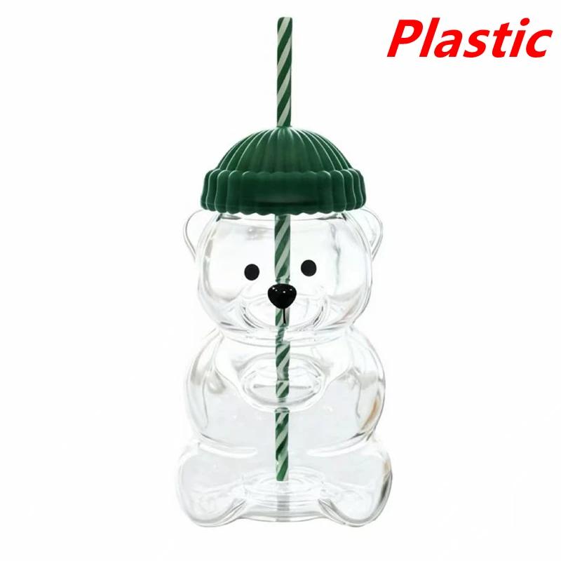 New On  Bear Shape Plastic Or Glass Cup With Straw Coffee Mug Cute Cartoon Creative Glass Juice Cup Tea Cup Drinkware