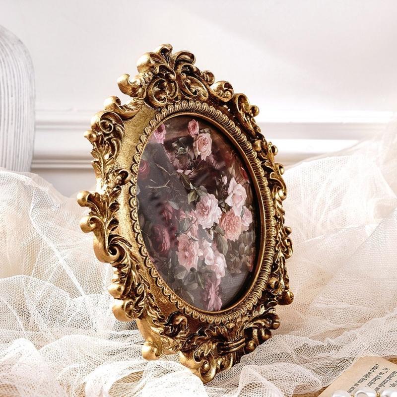 Круглая фоторамка ручной работы, античное золото, резьба, с подвесным крючком и подставкой для настенного или настольного декора, для демонстрации