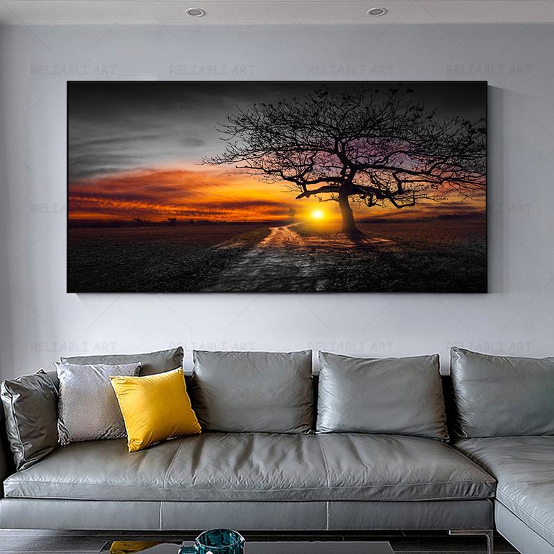 Современный Восход Закат Пейзаж Холст Картины Солнечное Дерево Настенные Картины Тайный Цвет Стены Искусства для Гостиной Настенный Декор Куадрос Без Рамки