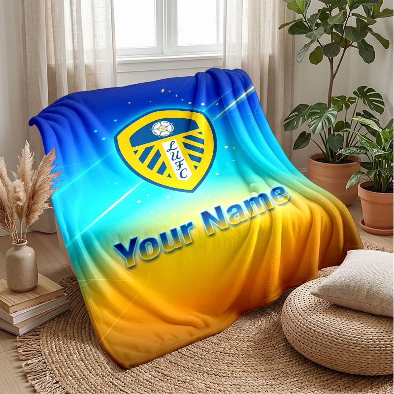Leeds United Custom Name Text Flannel Blanket Soccer Logo Personalized Fleece Throw Blanket Special Gift For Sofa Bedroom Home