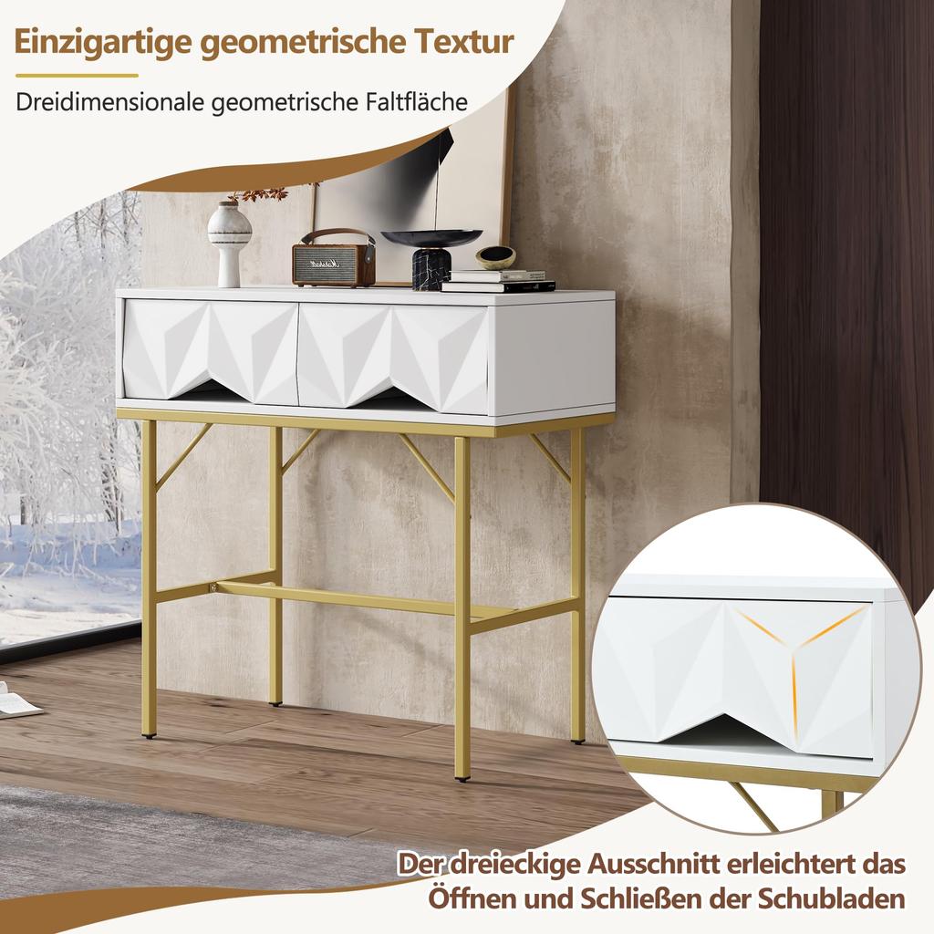 Konsolentisch, Flurtisch mit 2 Schublade, Beistelltisch Holz, Sofatisch mit stabilem Metallrahmen