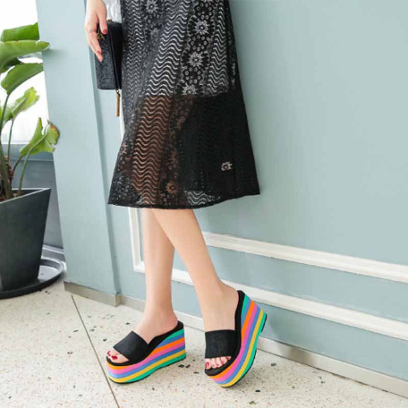 2023 Summer Women Sandals Rainbow Wedges Beach Flip Flops Home Slipper Ladies Outdoor  Heels Shoes Non Slip Soft Zapatos Mujer