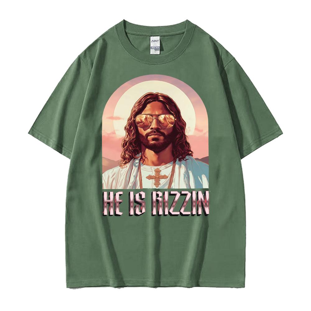 Он Ls Rizzin Иисус Рэп Пасхальный Иисус Футболка Мужская Одежда Хип-Хоп Юмористический Стиль Футболка Топы Унисекс Комфорт 100% Хлопок Футболки