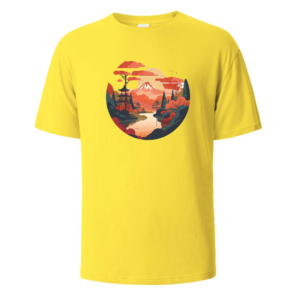 Mount Fuji Print TShirt Casual Short sleeved Streetwear Basic Tops Summer Tees For Men Women 100 Cotton Oneck Oversize