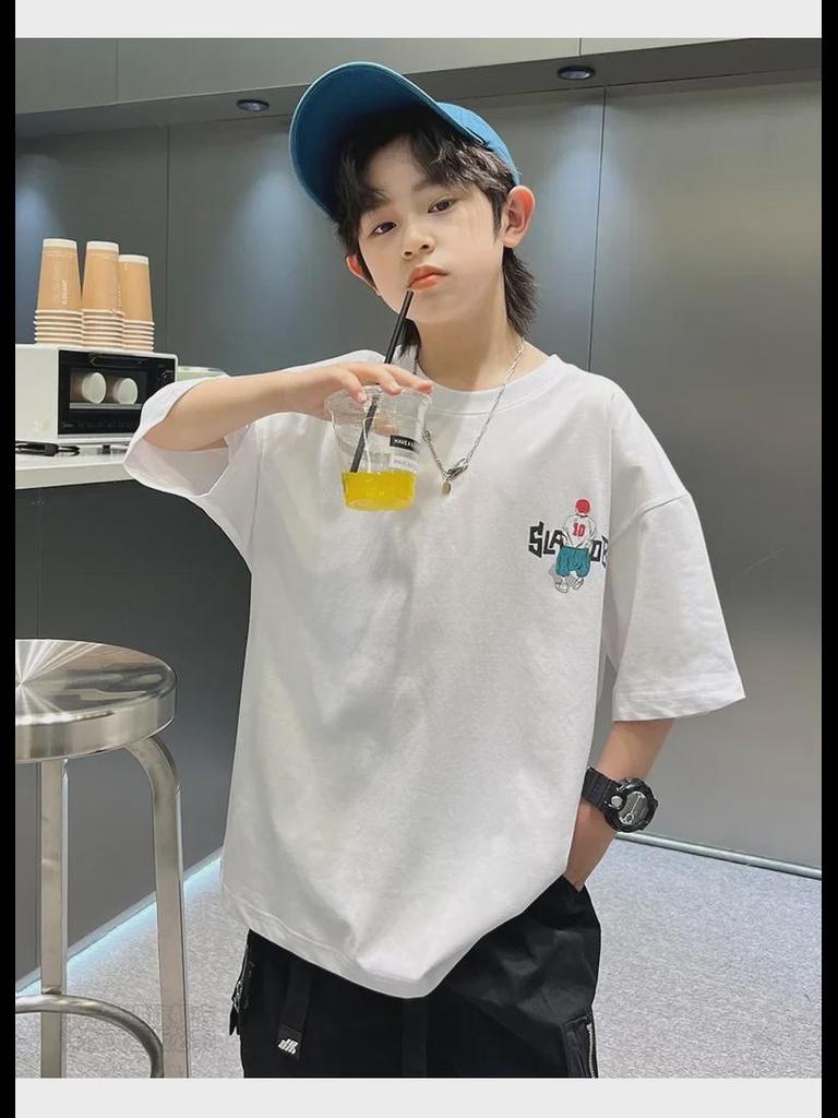 Футболка с короткими рукавами и принтом из чистого хлопка для мальчиков 2023 г.