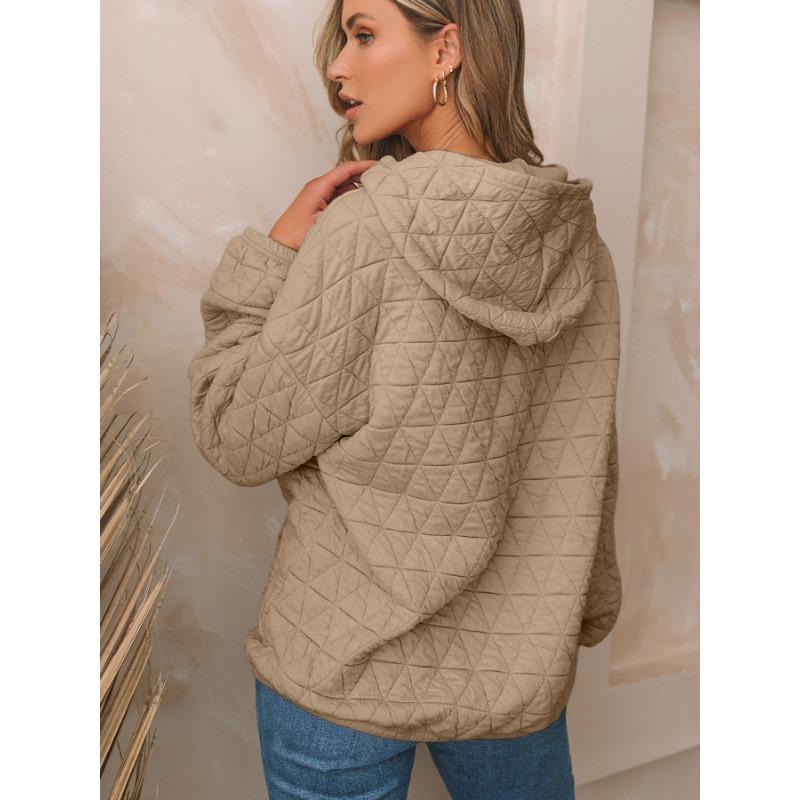 Осенняя однотонная женская толстовка с капюшоном и карманами в стиле кэжуал, стеганый топ с длинными рукавами