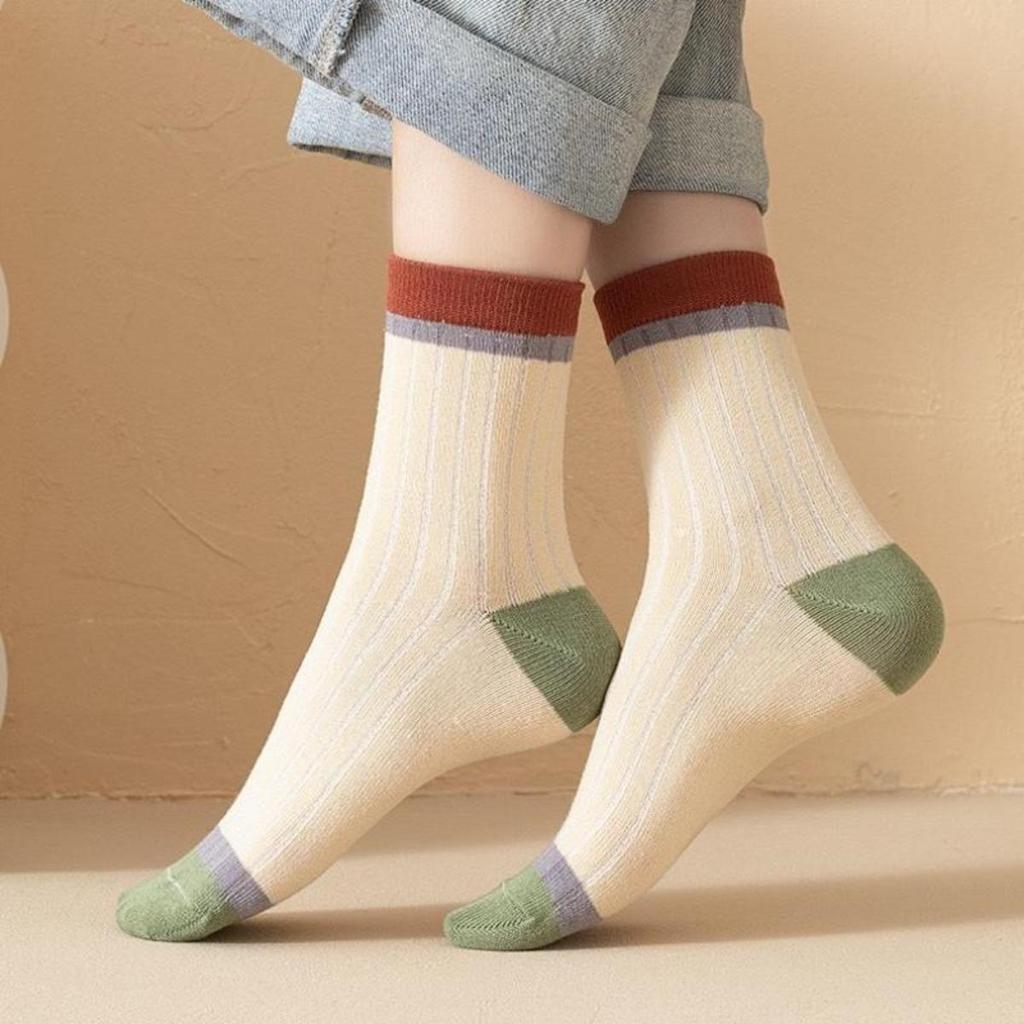 5 Pairs Women Candy Color Splicing Design Socks, Mid-tube Ribbed, Breathable, Sweat-absorbent, High Elastic