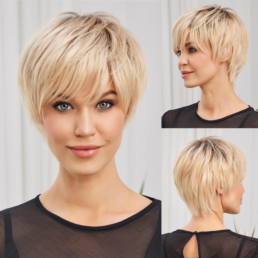 HAIRCUBE Bob Pixie Cut Light Brown Layered Remy Human Hair Wigs with Bangs Short Natural Wave Human Hair Machine Made Wigs for Women Afro