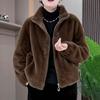 Women Winter Coat Thick Faux Fur Turn-down Collar Short Type Zip-up Cardigan Long Sleeves