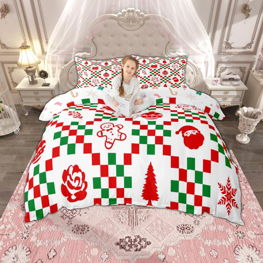 Homewish Merry Xmas Duvet Cover Set for Boys Girls, Christmas Tree Deer Bedding, Kawaii Snowman Santa Claus Quilt Cover Set