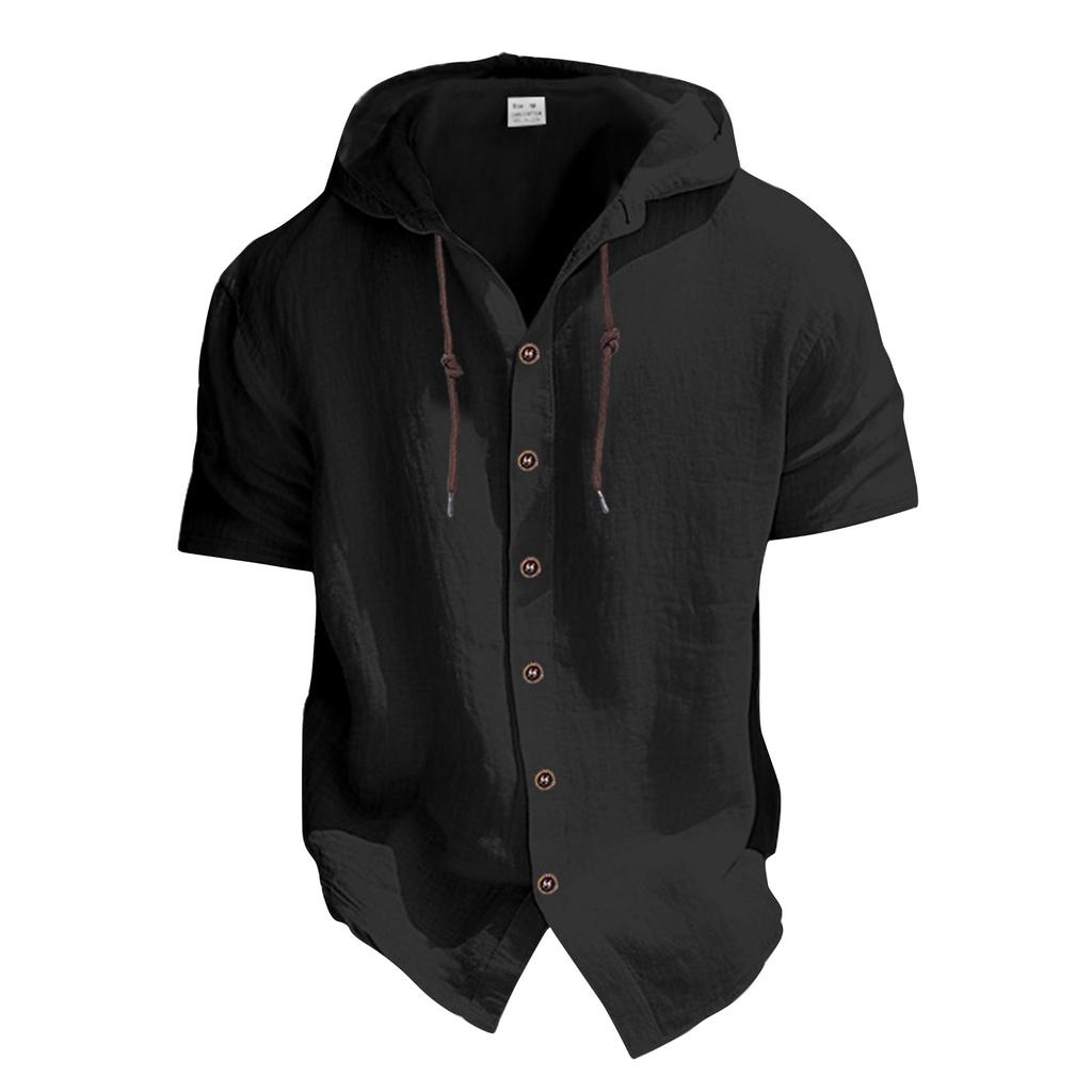 Men's Solid Color Casual Short Sleeved Shirt With Hood And Drawstring Cotton And Linen Cardigan