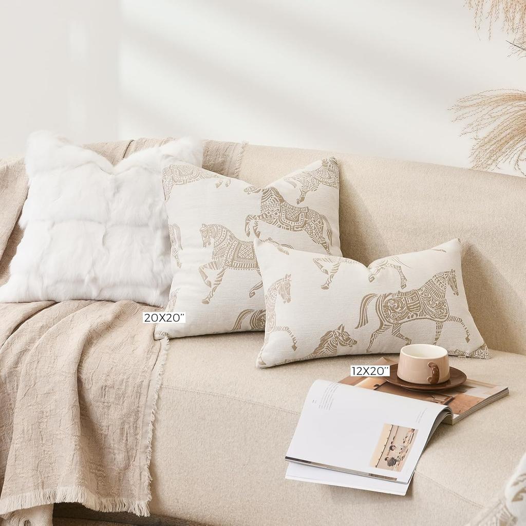 Lumbar Pillow Covers 12x20 inches, Double Sided Horse Pattern Chenille Jacquard Embroidered Decorative Throw Pillows Cover, Luxury Couch Cushion