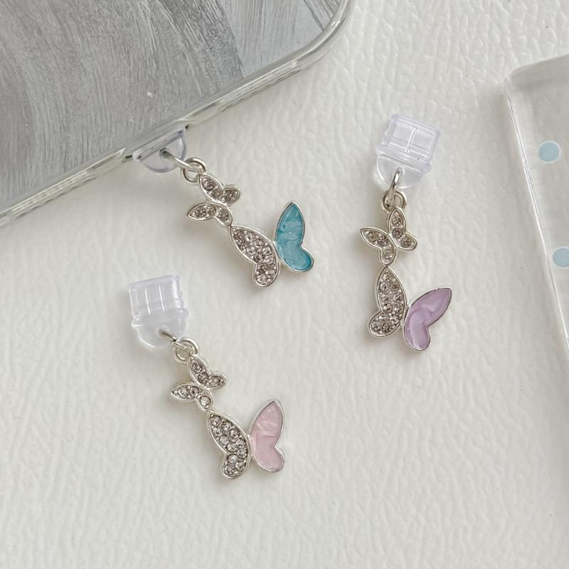 Unique Moon Butterfly Phone Dust Plugs Rhinestone Enamel Craft Charging Port Protection Decor for Phone Accessory Lovers Girls