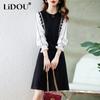 Elegant Fashion Fake Two Piece Button Dress Women Long Sleeve Patchwork Midi Dresses Ladies Slim Casual Vestido Robe