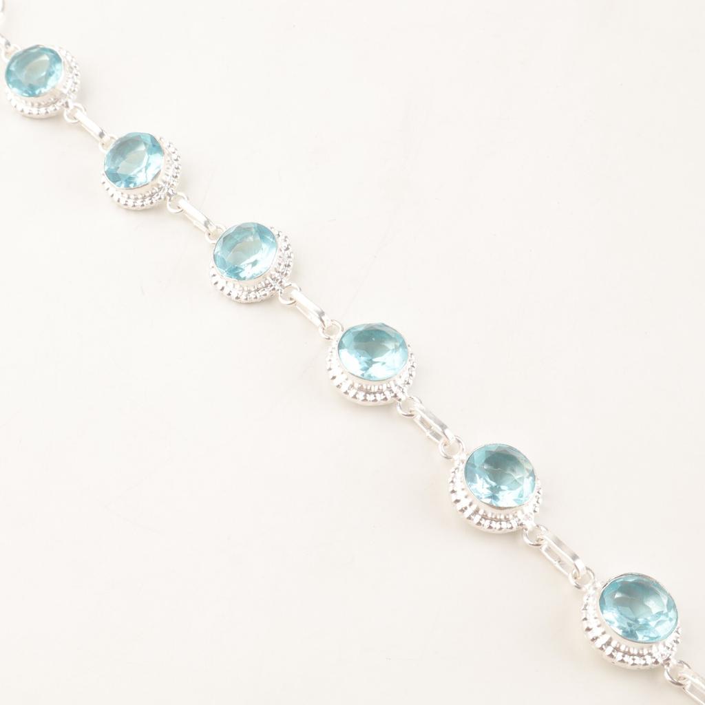 Natural Sky Blue Topaz Gemstone 925 Sterling Silver Boho Jewelry Bracelet 9" RB-9-4