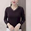 Женская базовая футболка с V-образным вырезом, однотонная, с длинным рукавом, свободного кроя, облегающая, осень 2025