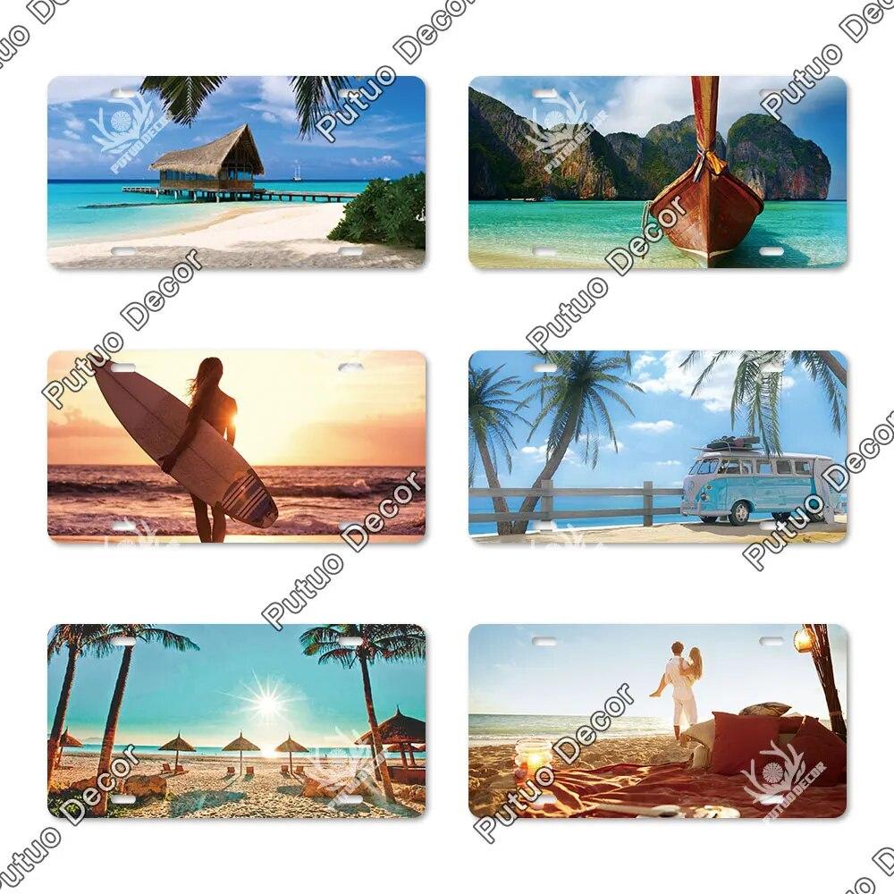 Putuo Decor Beach Licenses Plate Vintage Tin Sign Plaque Metal Car Plate for Living Room Door House Home Wall Art Decor
