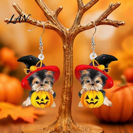 Cute Halloween Gift for Her Witch Hat Puppy Earrings, Dog Pumpkin Drop Fashionable Acrylic Earrings Lightweight Jewelry, Accessories Women Girls