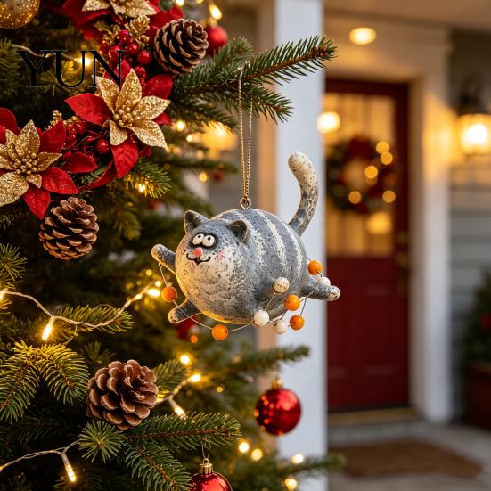 Cute Animal Home Decoration Flying Chubby Cat Ornament, Vintage 2D Acrylic Kitten Hanging Pendant with Blue Funny Striped Stripe Design, Car