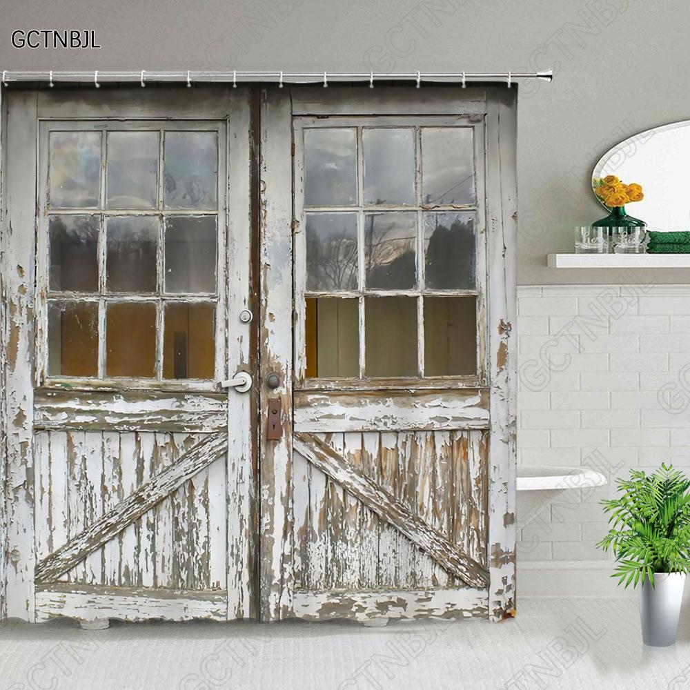 Ретро Деревянные Двери Набор Занавески для Душа Рустик Старый Винтажный Амбарная дверь Тканевые Занавески для Ванной Комнаты Фермерский Дом Декор для Ванной Экраны для Ванной Крючок