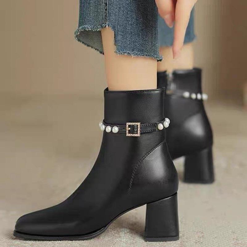 Fashion Boots for Ladies Non-Slip Outdoors Solid Color 2024 New Autumn Winter Women's Ankle Boots Leather Pearl Decoration Boots