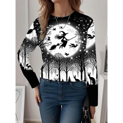 Женская толстовка из полиэстера с рисунком ведьмы, тыквы, фонаря, на Хэллоуин, повседневная одежда с принтом, свободный крой, круглый вырез, длинный рукав, неэластичная