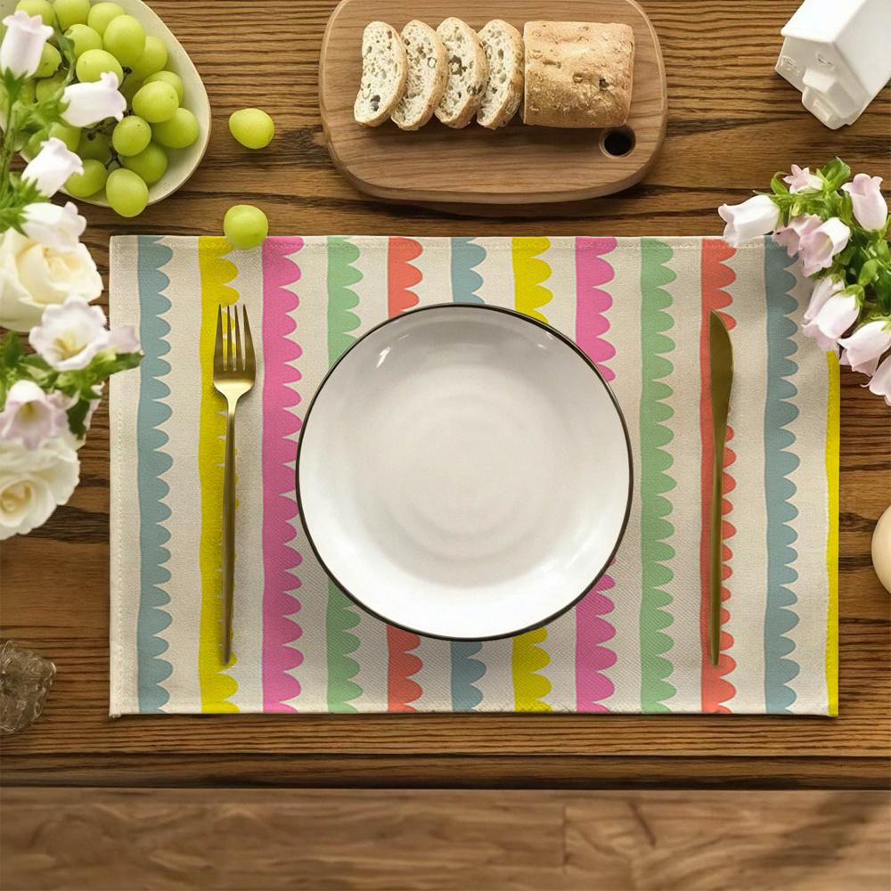 4pcs Bright Scalloped Stripe Placemats Pastel Rainbow Colors Washable Table Mats for Spring Café Kids Kitchen Dining Decor
