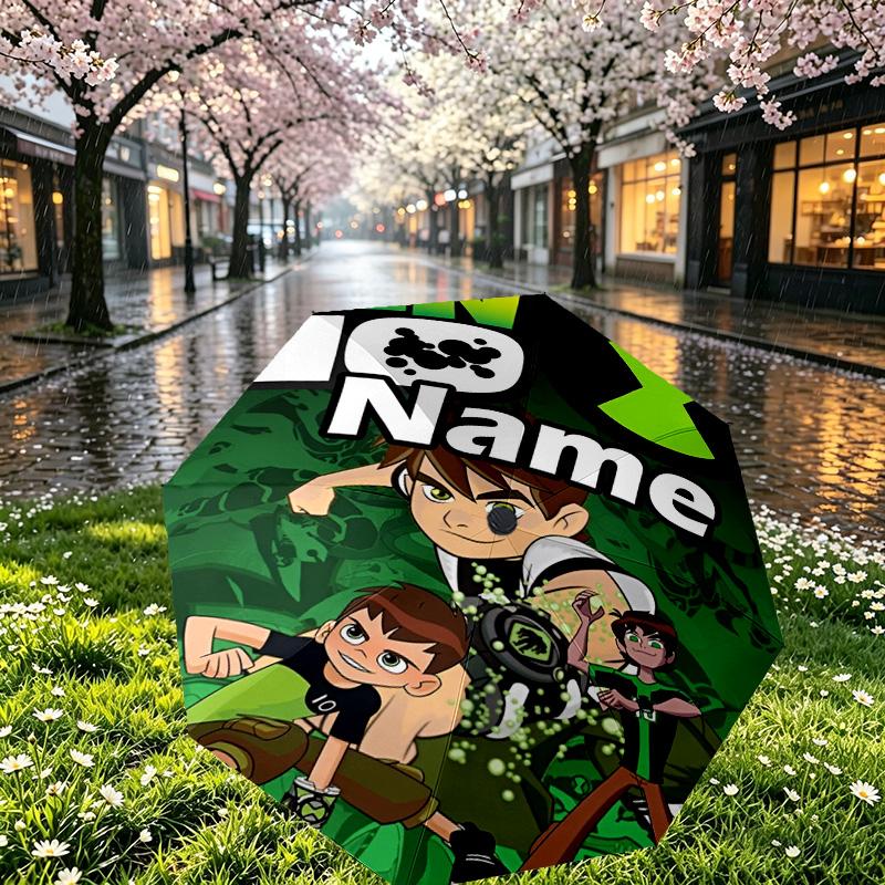 Custom Name Personalized Ben 10 Cartoon Print Umbrella, Auto Open Close, 8‑Rib Sturdy Frame, Commute Camping Hiking Use, Birthday Gift