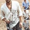 Men Printed V Neck Front Lace Up Middle Sleeve Tee Shirt Pullover for Vacation