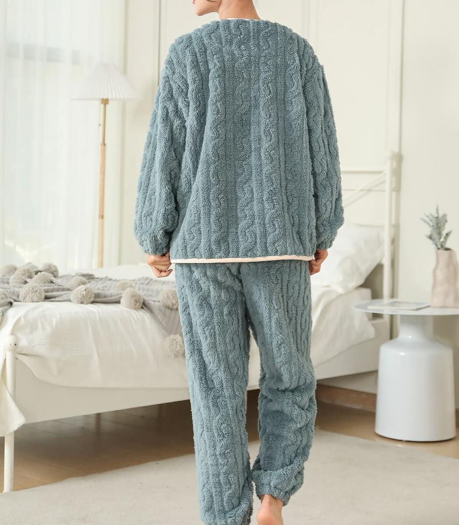 DAYCLOSET Long Sleeve Fluffy Boa Top and Bottom Cable Winter Wear Dusty Women's Loungewear, Set, Knit, (Size M, Blue)