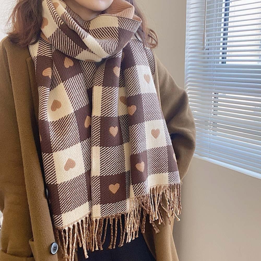Warmer Plaid Knitted Scarf Acrylic Fibers Tassel Shawl Korean Style Heart Thickened Scarf Men