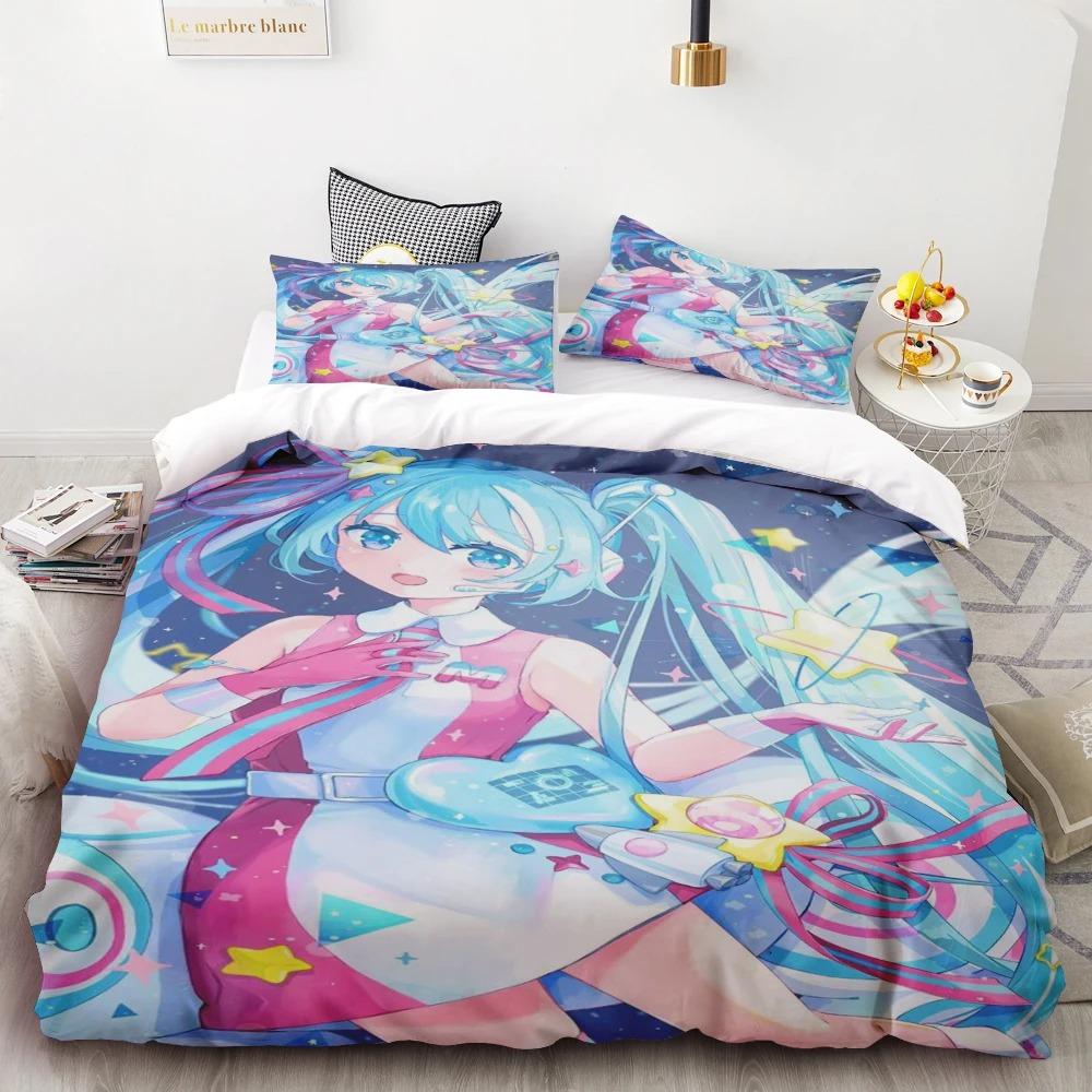 Duvet Cover Hatsune Miku Anime Singer Beautiful Girl Bedding Set Cartoon with 1/2 Pillowcase for Women Men Teens Bedroom