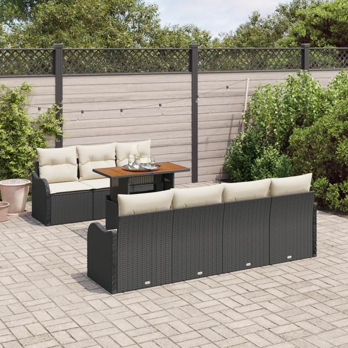 Set of 8 Pieces of Garden Sofas with Black Poly Rattan Cushions, 2-seater Garden Sofa with Storage and 3358154
