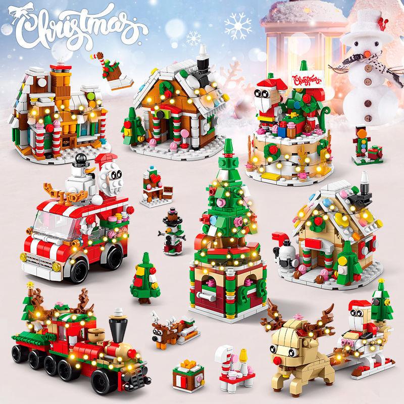 DIY 6in1 Christmas Elk Deer Photo Frame Santa Claus Architecture Store Street View Xmas Tree Snow House Building Block Kit Toy