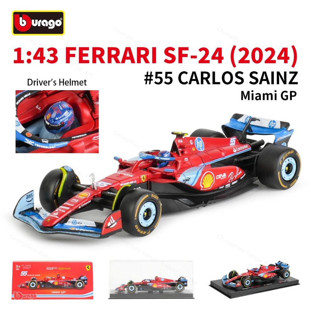 Ббураго 1:43 Ferrari SF24 2024 Гран-при Майами Формула-1 Гоночный автомобиль Статическая симуляция Литье под давлением Сплав Модель автомобиля Акриловая коробка