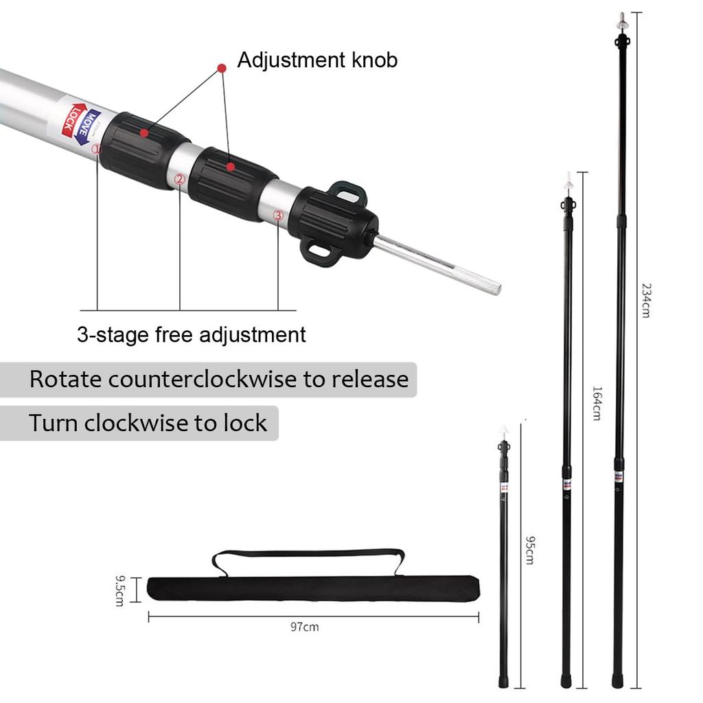 Aluminum Canopy Support, 95-234cm, Extendable Tarp Pole for Tents, Awnings, Canopies, and Porches (Silver)