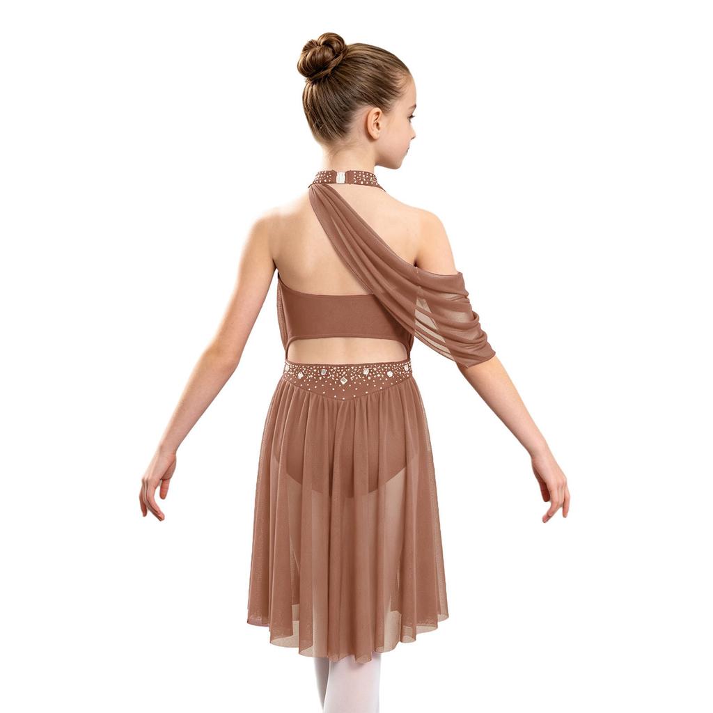 Girls Halter Backless Ruched Mesh Drape Dress Lyrical Dance Performance Rhinestone Costume
