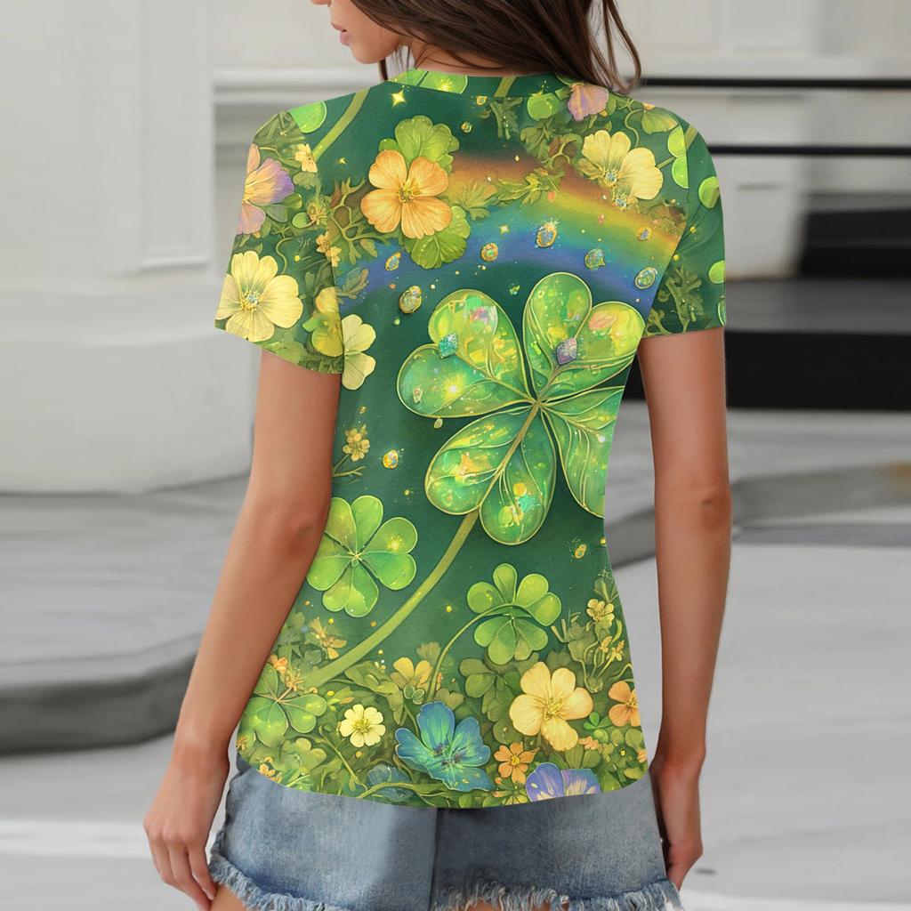 Women's T Shirt Tee Print Button Short Sleeve Daily Weekend Fashion Basic V- Neck Regular Top St. Patrick's Day