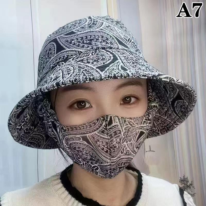 Summer Women Outdoor Print Fisherman Hat Uv Protection Wide Brim Garden Work Shade Hat Breathable Mask Integrated Cap