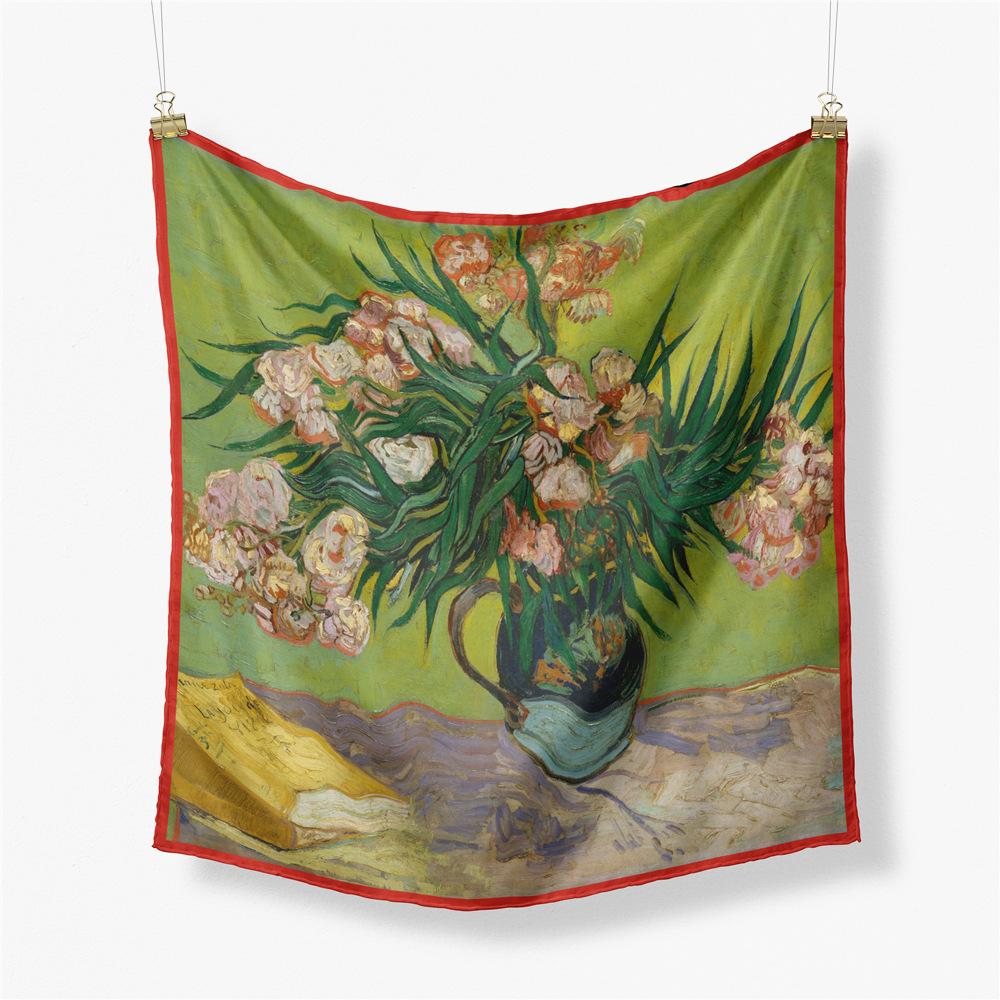 Famous Oil Painting Twill 100% Silk Scarf Fashion Bandana Women Scarf Wraps 53cm Square Scarves Hijab Head Scarf Neckerchief