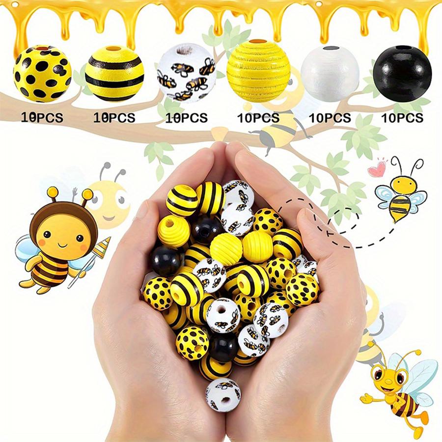 60 Pieces Bee Wooden Beads Wood Bee Honeycomb Beads Farmhouse Beads Round Spacer Beads with Hole for Necklace Bracelet