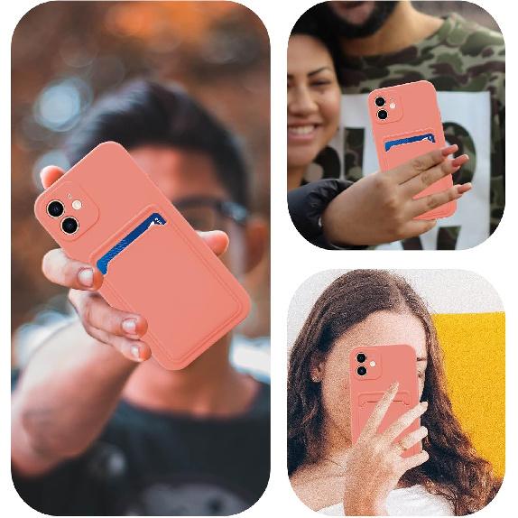 Silicone Phone Case with Card Holder & Camera Lens Protection (for iPhone 12 6.1 Inch) - Pink
