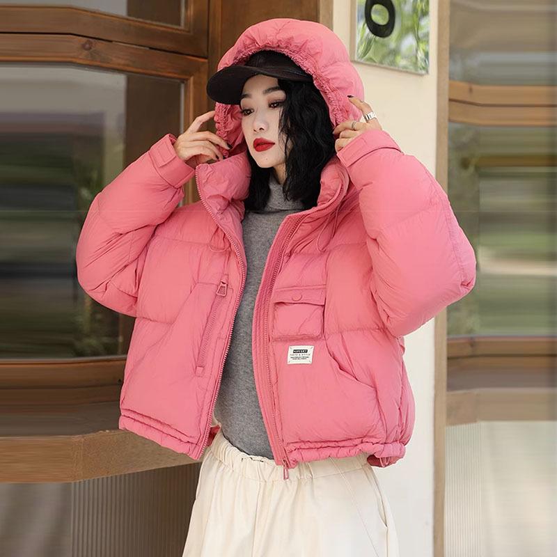 Hooded down bread clothes women's 2024 winter fashion design sense pockets thickened warm white duck down casual jacket