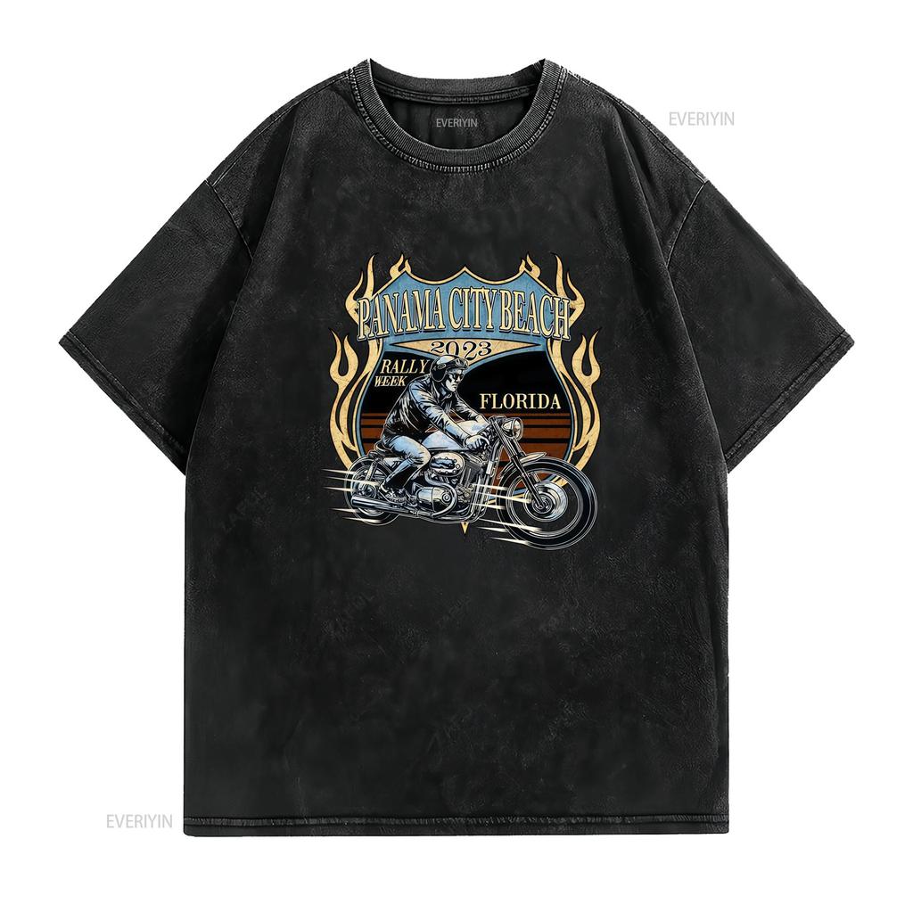 Vintage Retro Biker Panama City Beach Rally Week Motorcycle Rider Flame Print Casual T Shirt vintage Washed graphic Soft