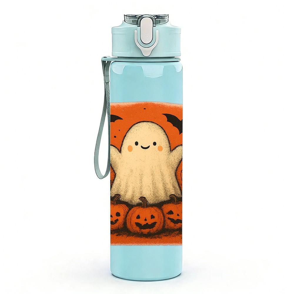1PC Pumpkin Ghost Orange Print 750ml Color Plastic Sports Water Bottle Leakproof Flip Straw Lid Suitable for Sports Office Home Use