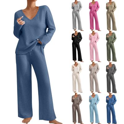 Женский однотонный полосатый топ с V-образным вырезом, длинными рукавами и штаны, комплект из двух предметов