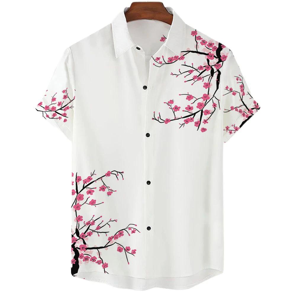 Japanese Aesthetic Cherry Blossom Print Men's Shirt Fashionable Luxury Lapel Button-down Shirt Casual Short-sleeved Tops