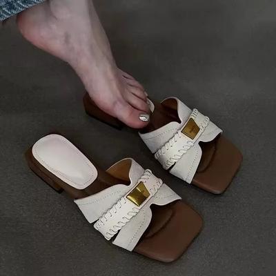 Версия из овчины~ Французский универсальный нишевый дизайн кожаные крутые тапочки женственность низкий каблук верхняя одежда кожаные тапочки на перемычке