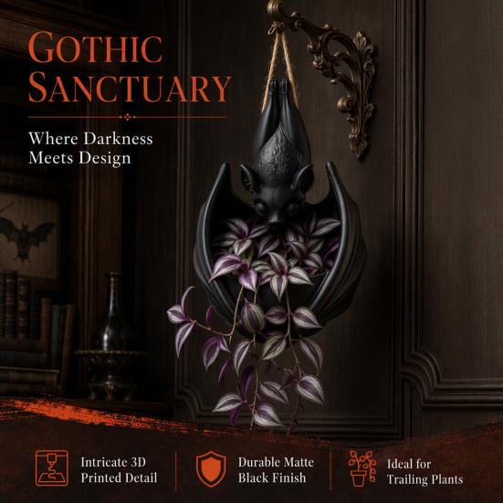 Outdoor Hanging Succulents Container Bat Plant Pot, Gothic Planter for Flowers & Vines, Unique Black Garden Decor, Balcony Patio Window Hanger, Indoor